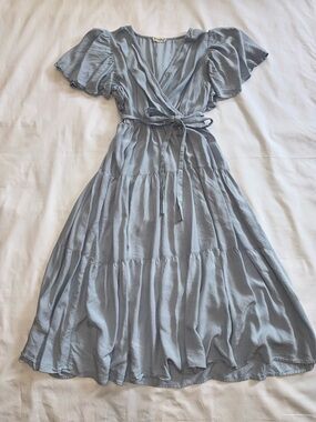 Anna-Kaci Light Blue Wrap Midi Dress with Tie Waist Cottagecore L